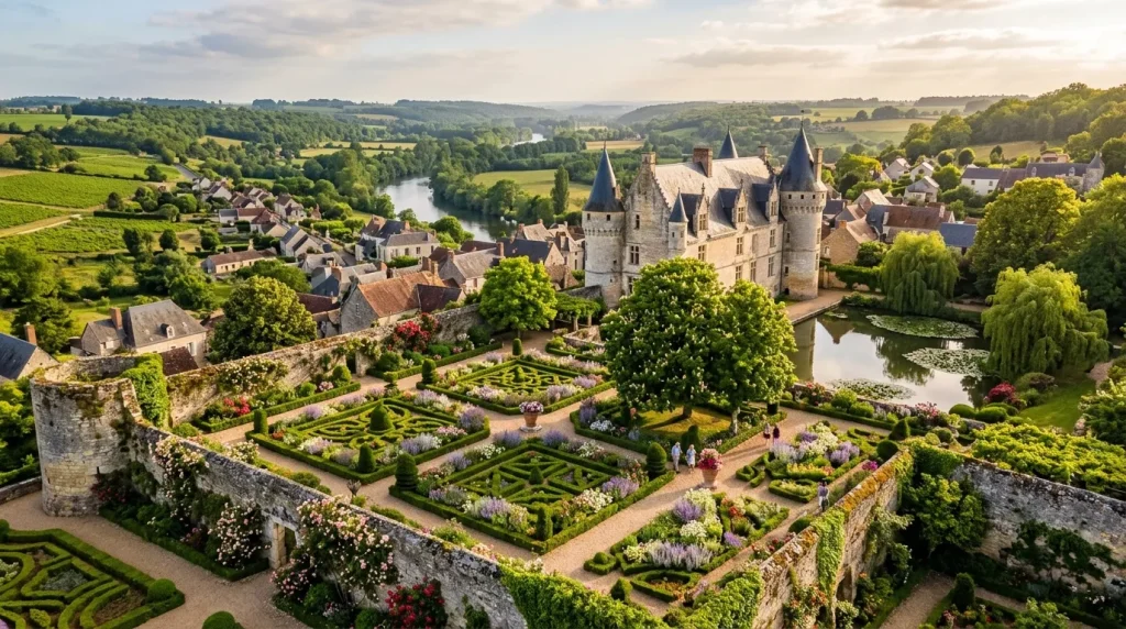 Château avec tours, jardins à la française et rivière en vallée verdoyante