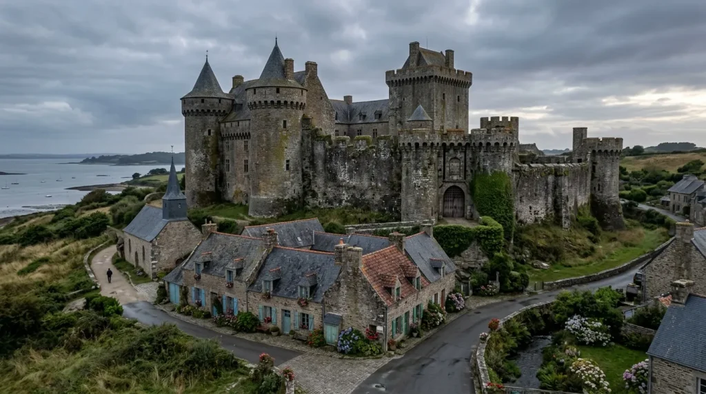 Château fortifié médiéval en pierre avec tours et village côtier breton