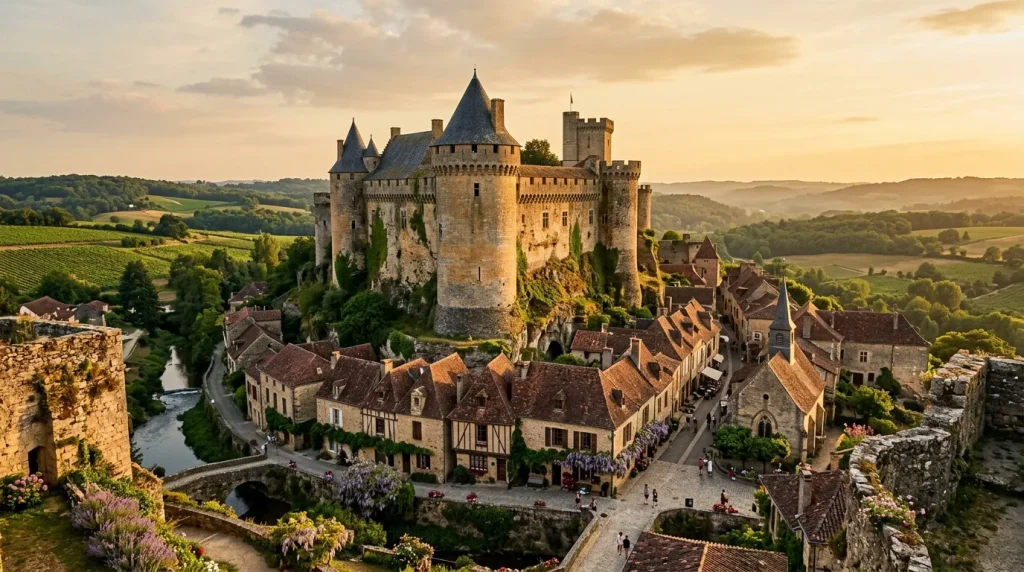 Château fortifié médiéval surplombant un village avec rivière