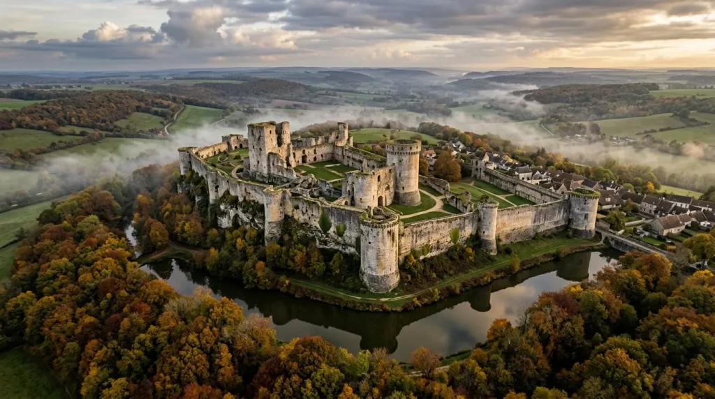 Château fortifié entouré de douves et forêt automnale