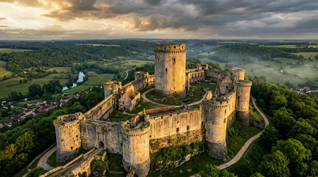 Forteresse médiévale avec tours dominant vallée boisée et rivière