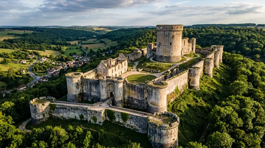 Château fortifié médiéval perché sur colline boisée avec village.