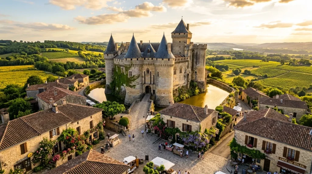 Château avec tours pointues entouré de douves et village médiéval