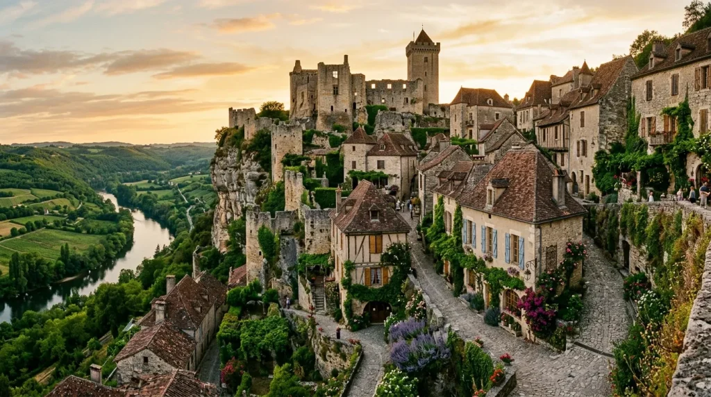 Château fortifié médiéval surplombant village et rivière verdoyante