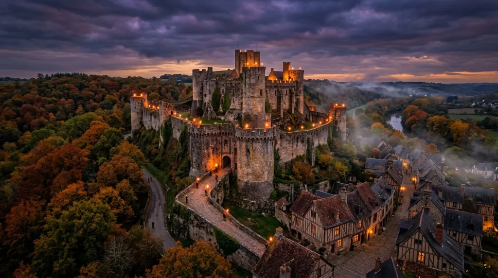 Château fortifié éclairé la nuit, entouré de forêts automnales
