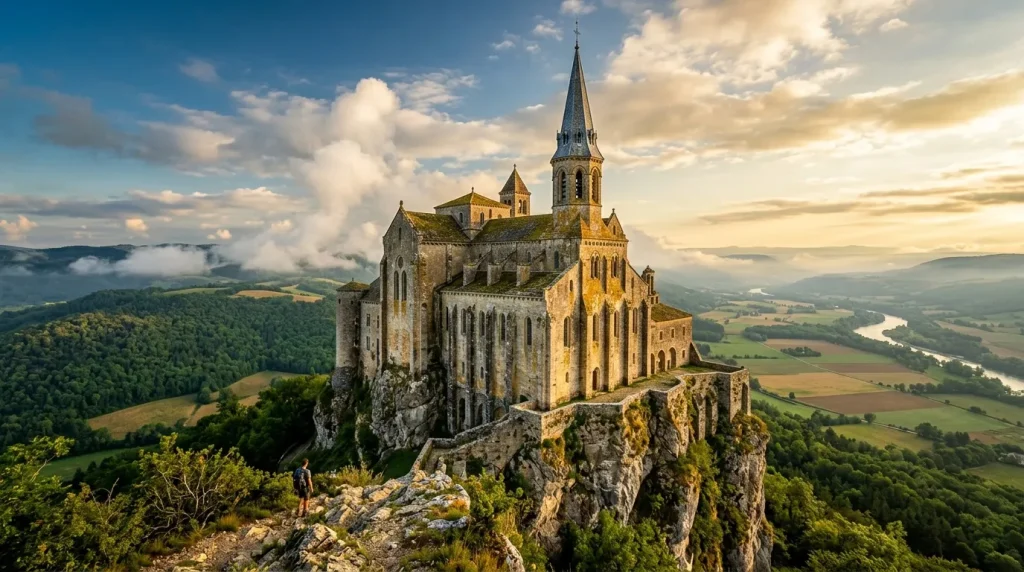Église de château médiéval sur falaise rocheuse, vallée verdoyante