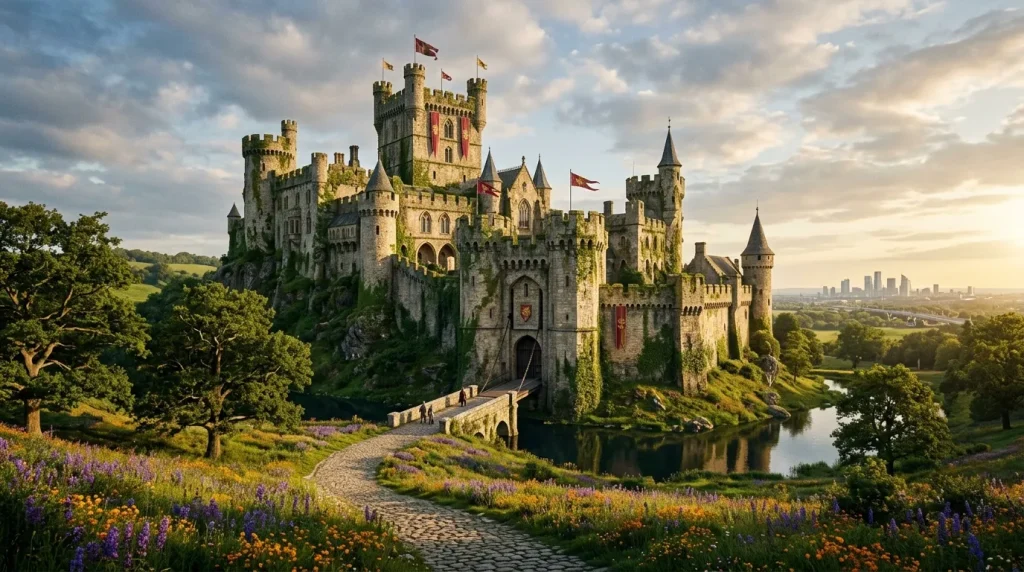 Château médiéval sur falaise avec tour, fleurs et rivière