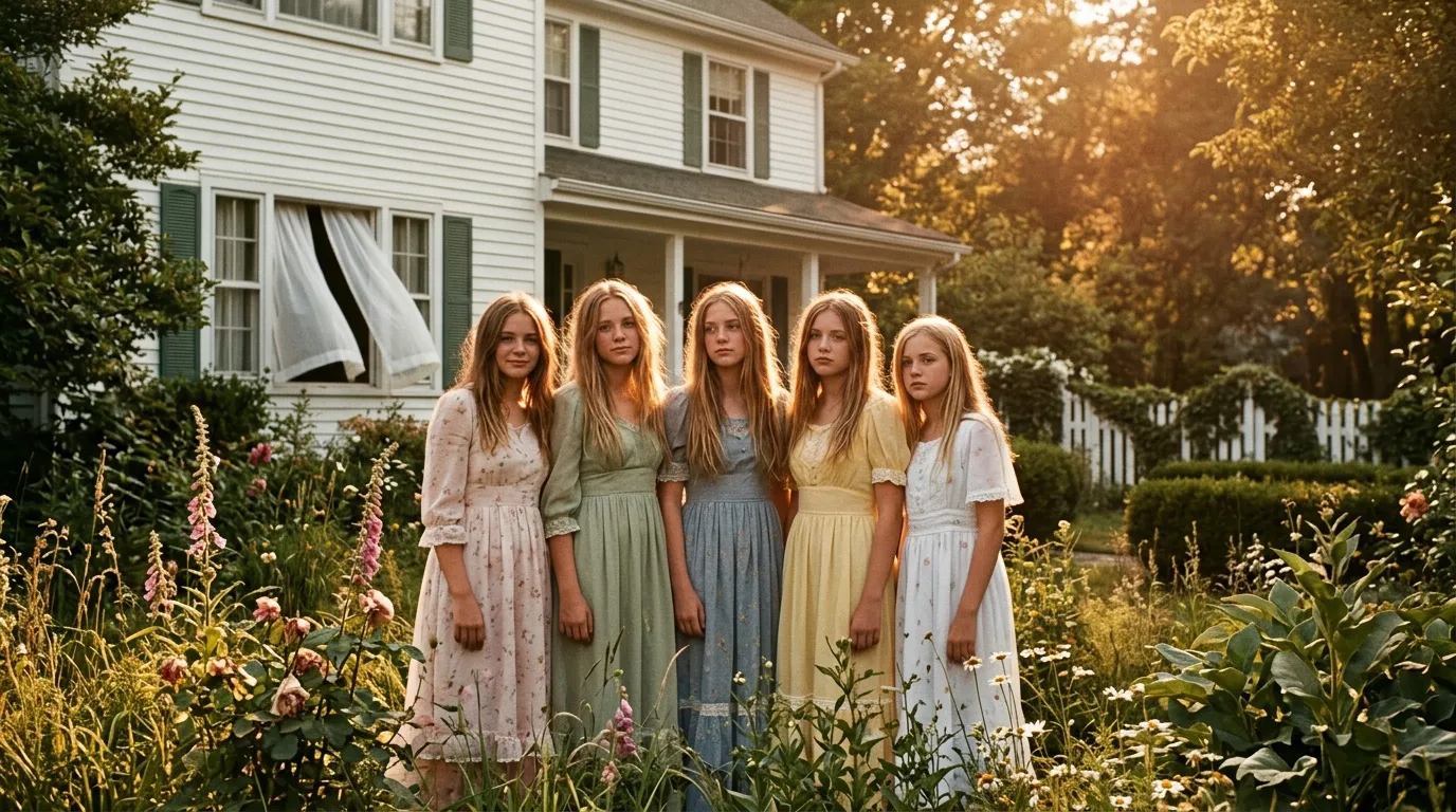 Cinq adolescentes en robes pastel posent dans un jardin fleuri.