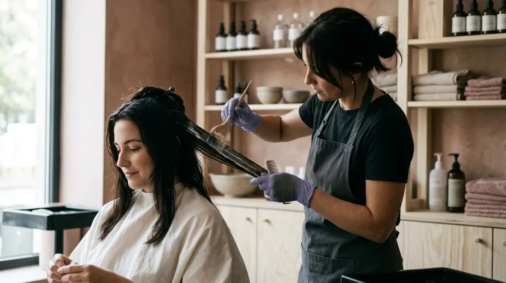 Une coiffeuse applique un traitement sur les cheveux d'une cliente.