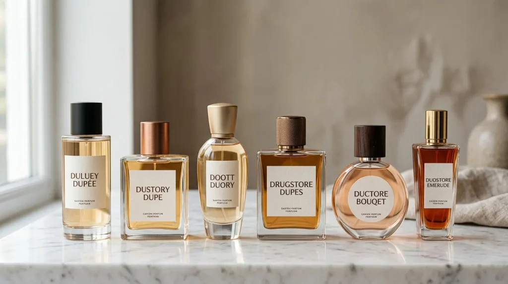 Six flacons de parfum haut de gamme sur marbre blanc