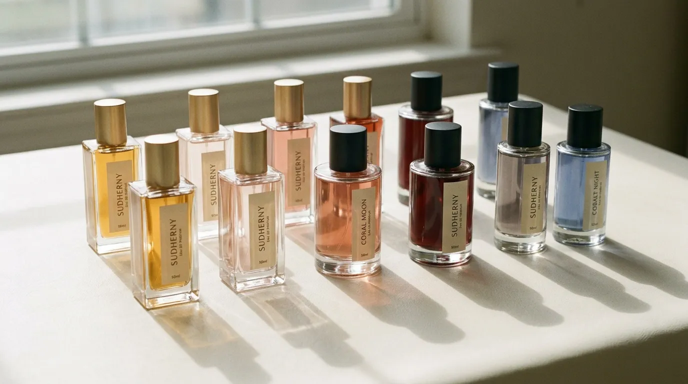 Dix flacons de parfum Sudberry disposés en rangée sur rebord fenêtre
