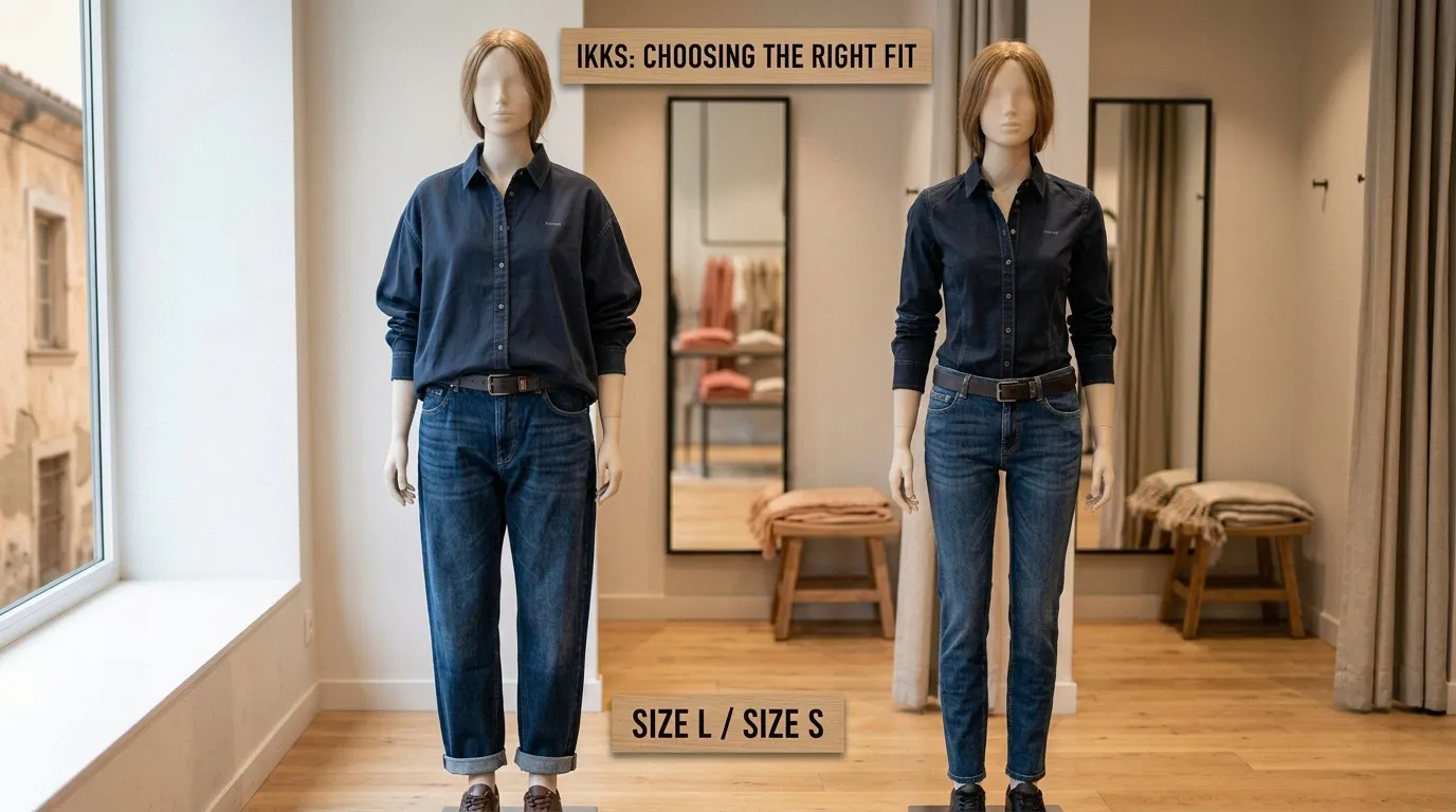 Deux mannequins portant chemise denim et jeans, tailles différentes comparées