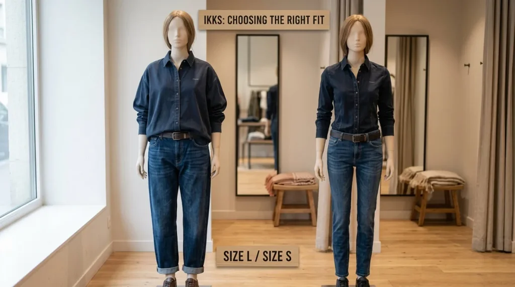 Deux mannequins portant chemise denim, comparaison tailles S et L