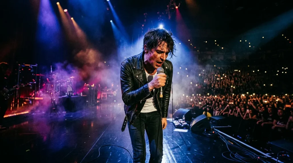 Chanteur en veste noire sur scène avec effets lumière