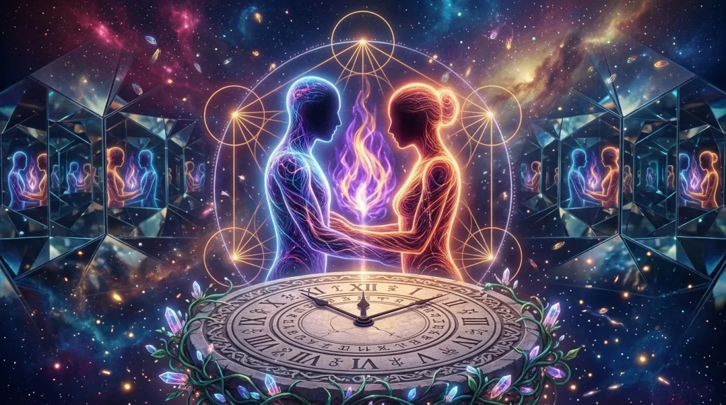 Deux silhouettes énergétiques face à face avec horloge zodiacale