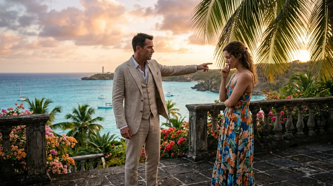 Homme et femme discutent sur terrasse surplombant mer turquoise