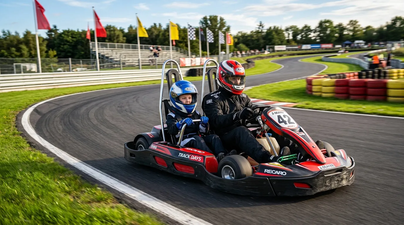 Deux pilotes en kart rouge sur circuit avec drapeaux