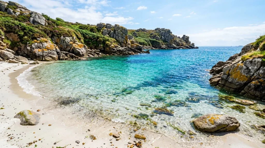 Plage de sable blanc avec eaux turquoise cristallines et rochers.