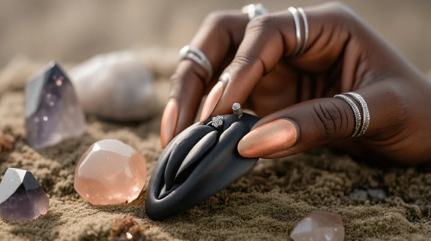 Mains avec bijoux touchant cristaux roses sur sable