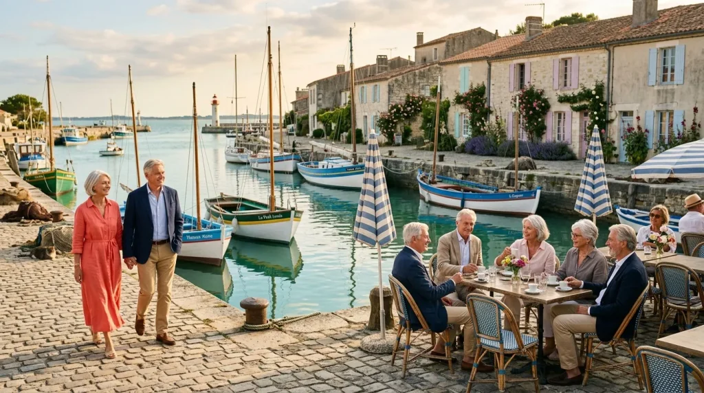 Couples âgés déjeunant sur terrasse côtière avec bateaux amarrés