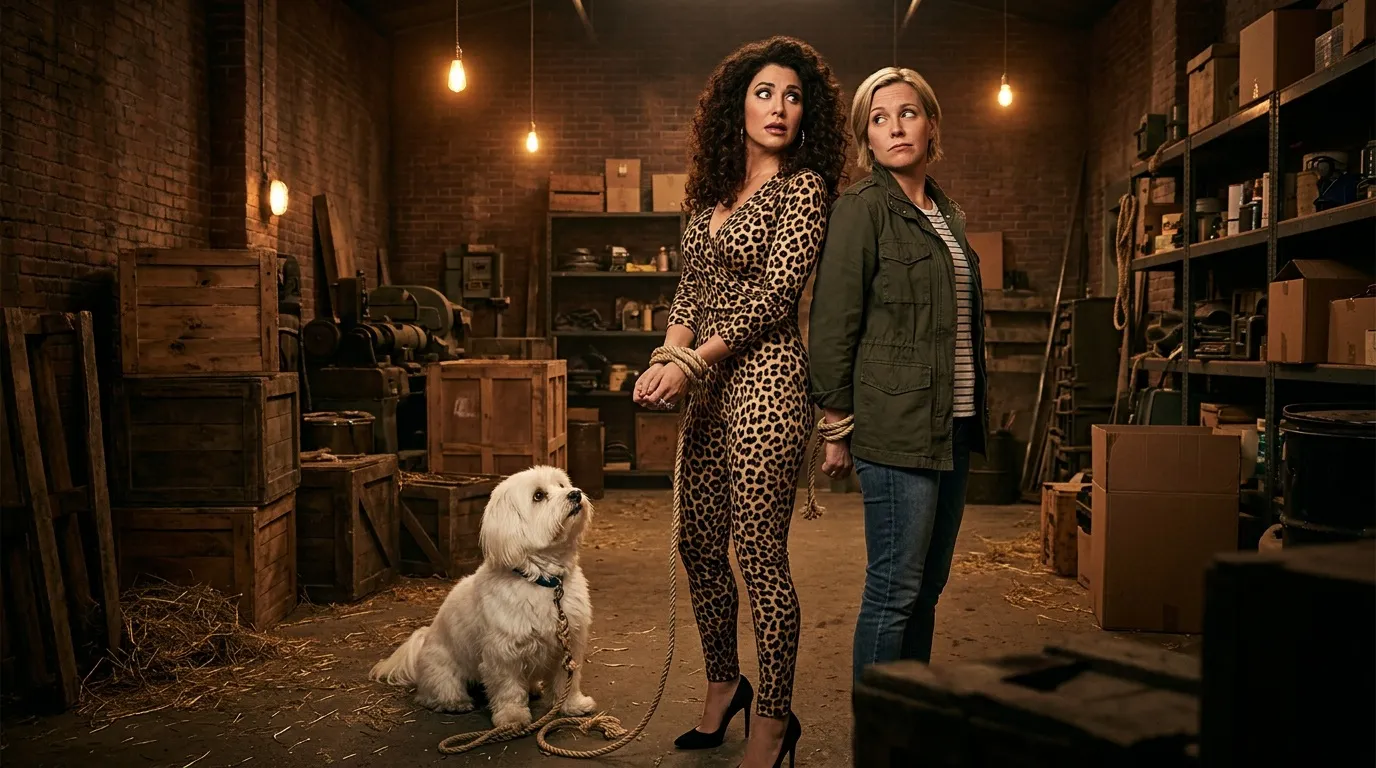 Deux femmes et un petit chien blanc dans un entrepôt brick