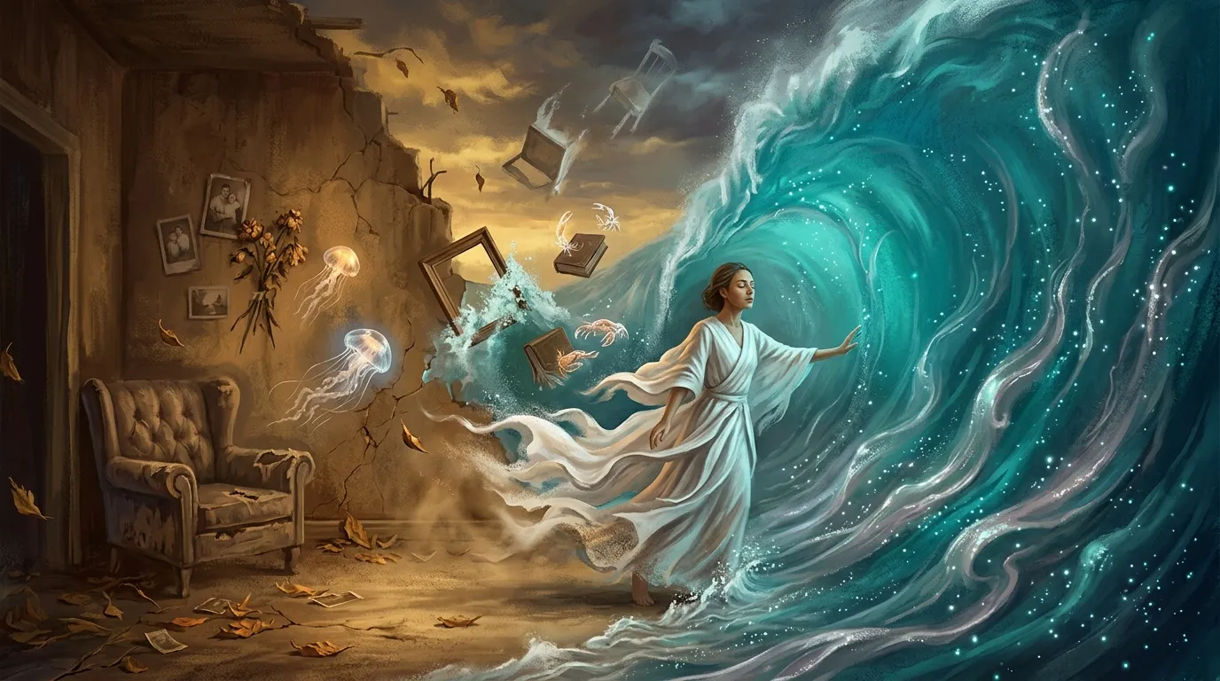 Femme en robe blanche traversant un portail turquoise magique depuis une chambre décrépite