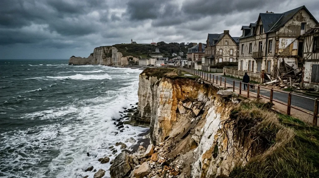 Falaises blanches, village côtier normand, mer agitée, ciel nuageux