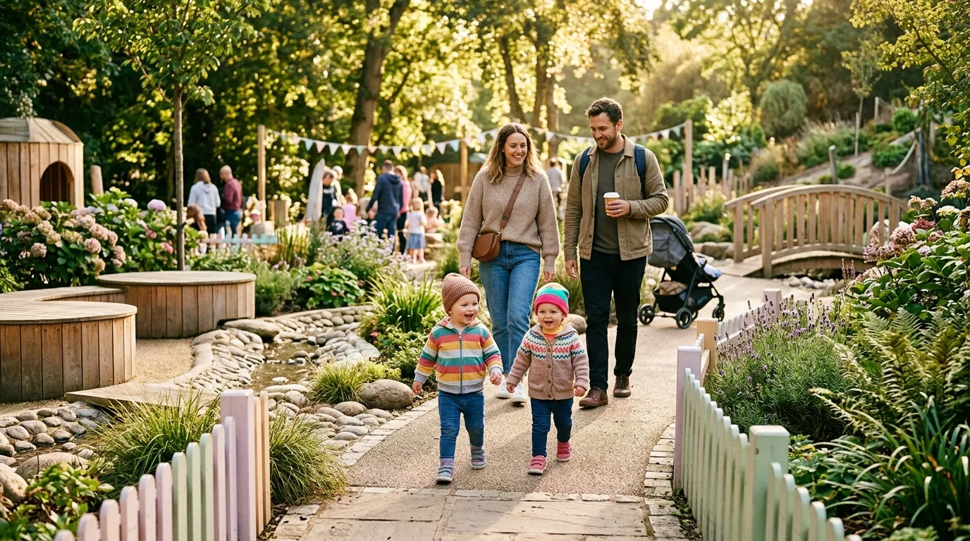 Parents et enfants marchent dans un jardin paysager verdoyant