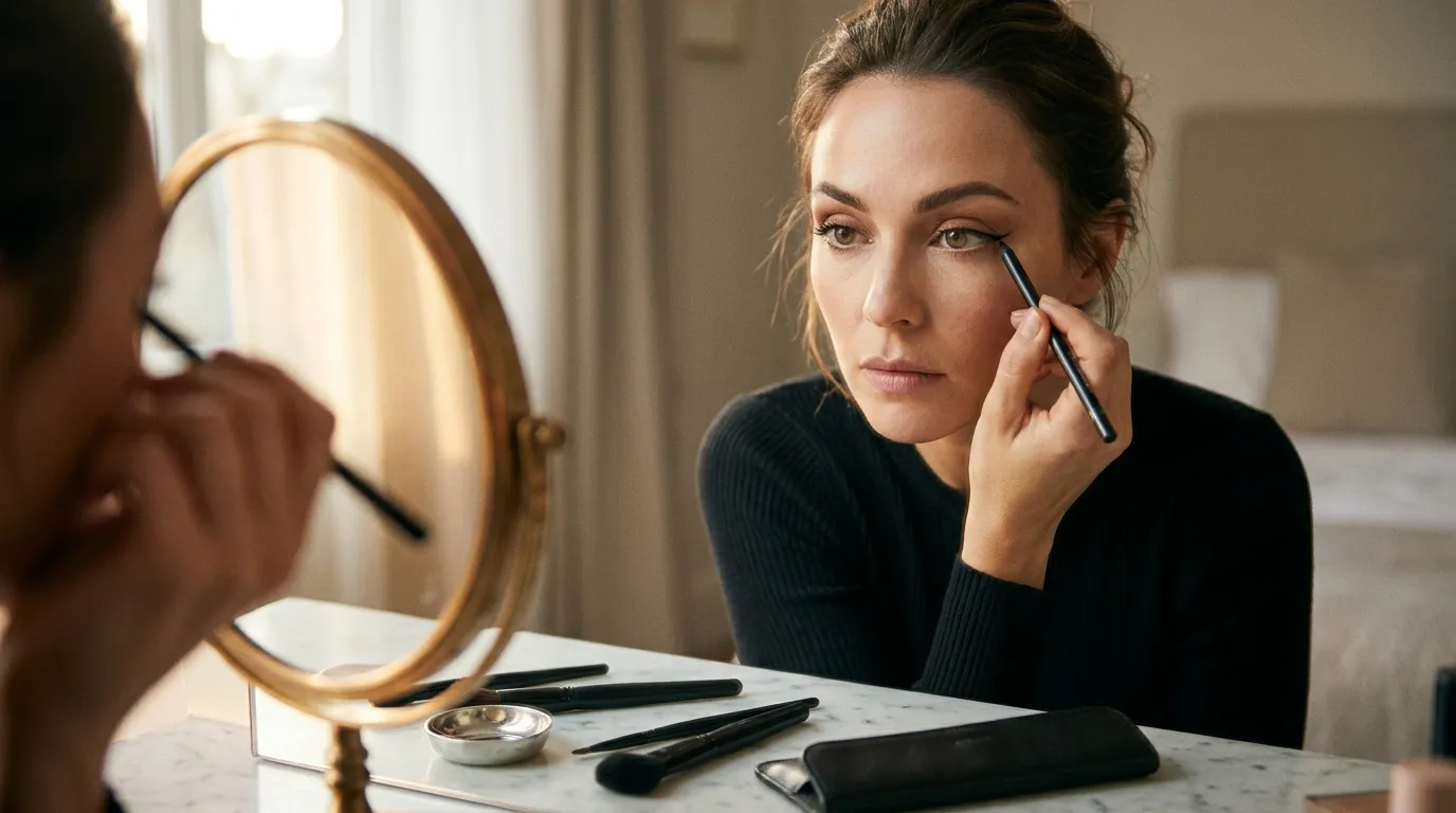 Femme se maquille devant un miroir rond doré