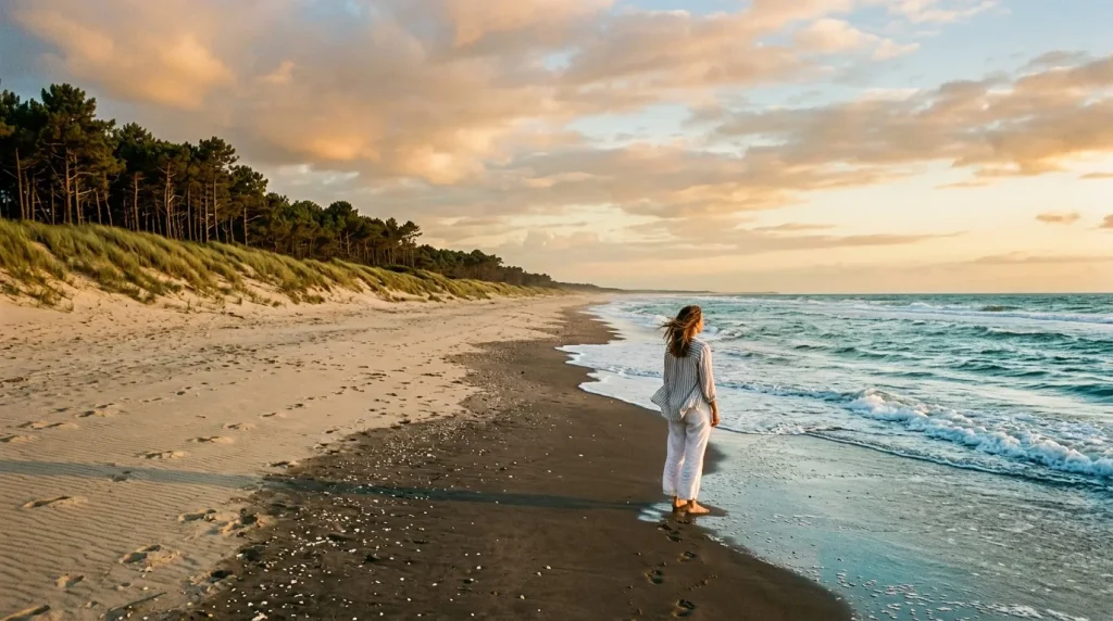 Femme en blanc regardant la mer sur une plage déserte
