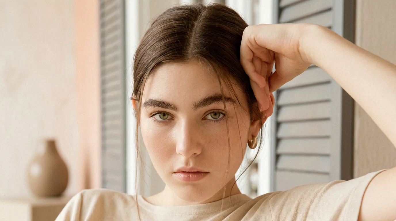 Jeune femme aux yeux verts regardant la caméra, cheveux bruns attachés
