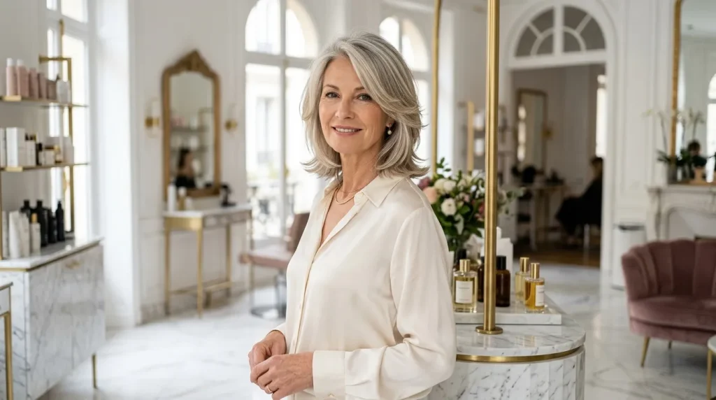 Femme mature souriante en blouse blanche dans un spa moderne