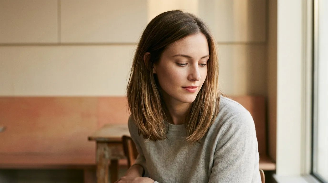 Femme aux cheveux bruns regardant vers le bas dans un couloir