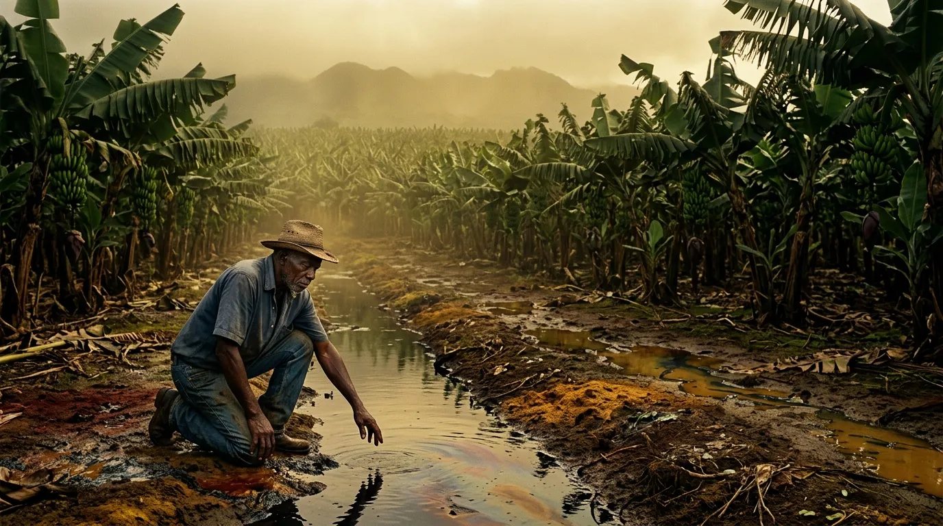 Agriculteur agenouillé près d'une rivière dans un champ de maïs