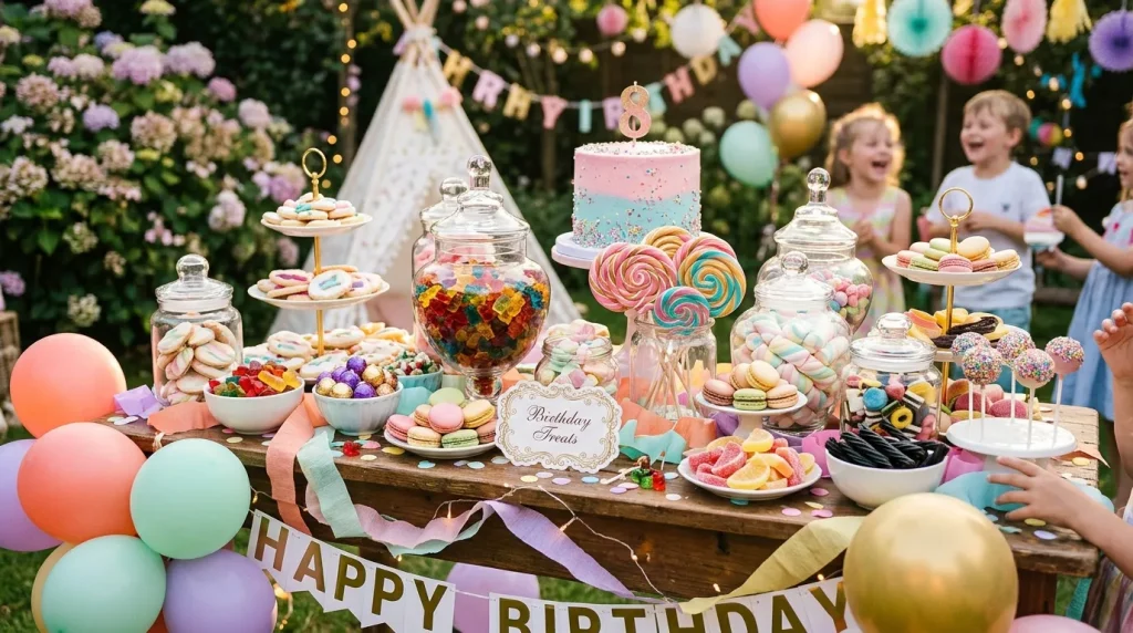 Table de desserts décorée pour anniversaire enfant en plein air