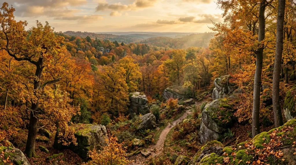 Sentier de randonnée traversant forêt automnale colorée avec rochers