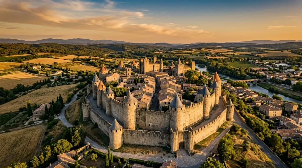 Château fortifié médiéval entouré de remparts et vallée verdoyante