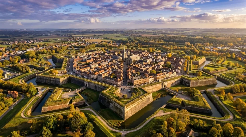 Vue aérienne d'une ville fortifiée médiévale entourée de remparts