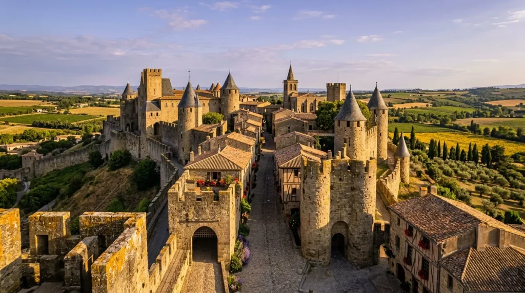 Vue aérienne d'une forteresse médiévale en pierre avec tours