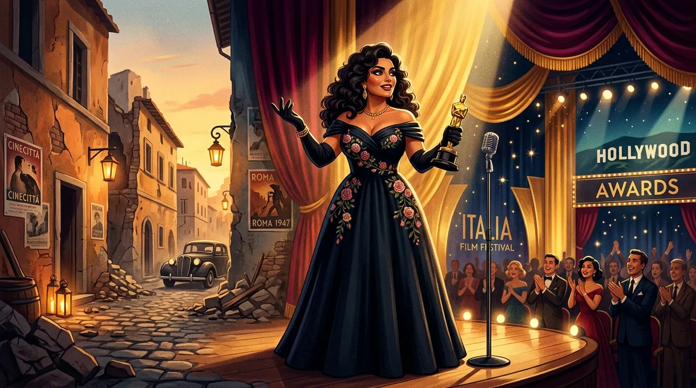 Femme élégante tenant un trophée sur scène cinématographique