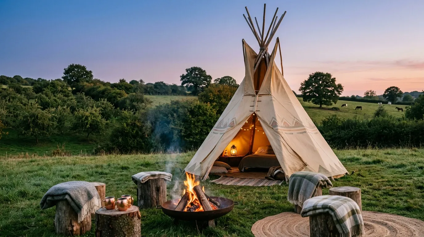 Tipi illuminé avec feu de camp en prairie verdoyante