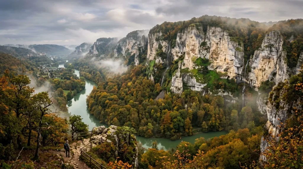 Falaises calcaires surplombant une rivière sinueuse en automne