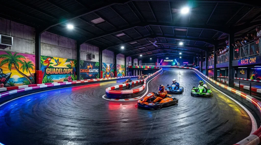 Piste de karting intérieure colorée avec plusieurs karts en course