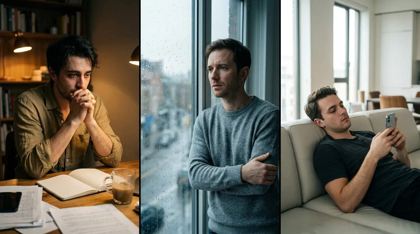 Trois hommes dans des environnements intérieurs, expression réfléchie, moments de contemplation.