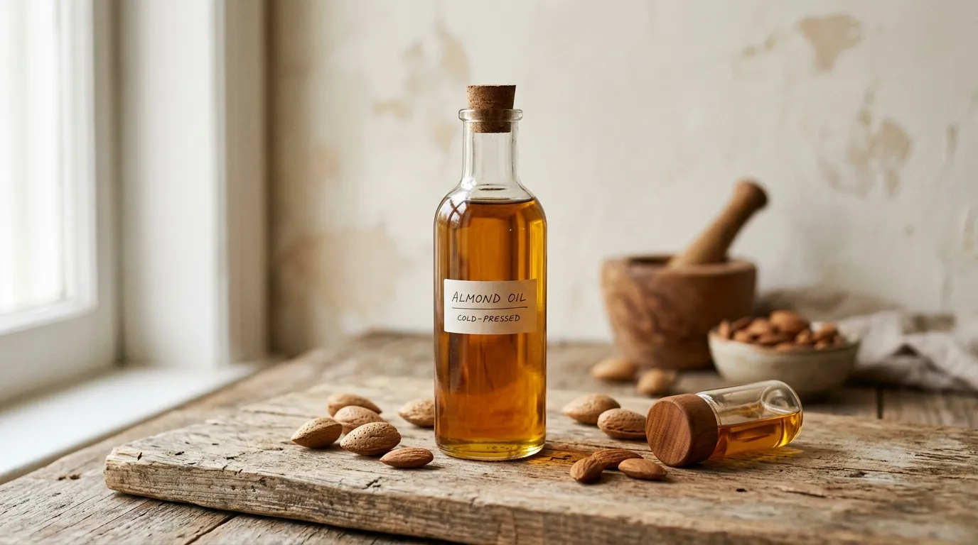 Bouteille d'huile d'amande avec amandes fraîches sur bois