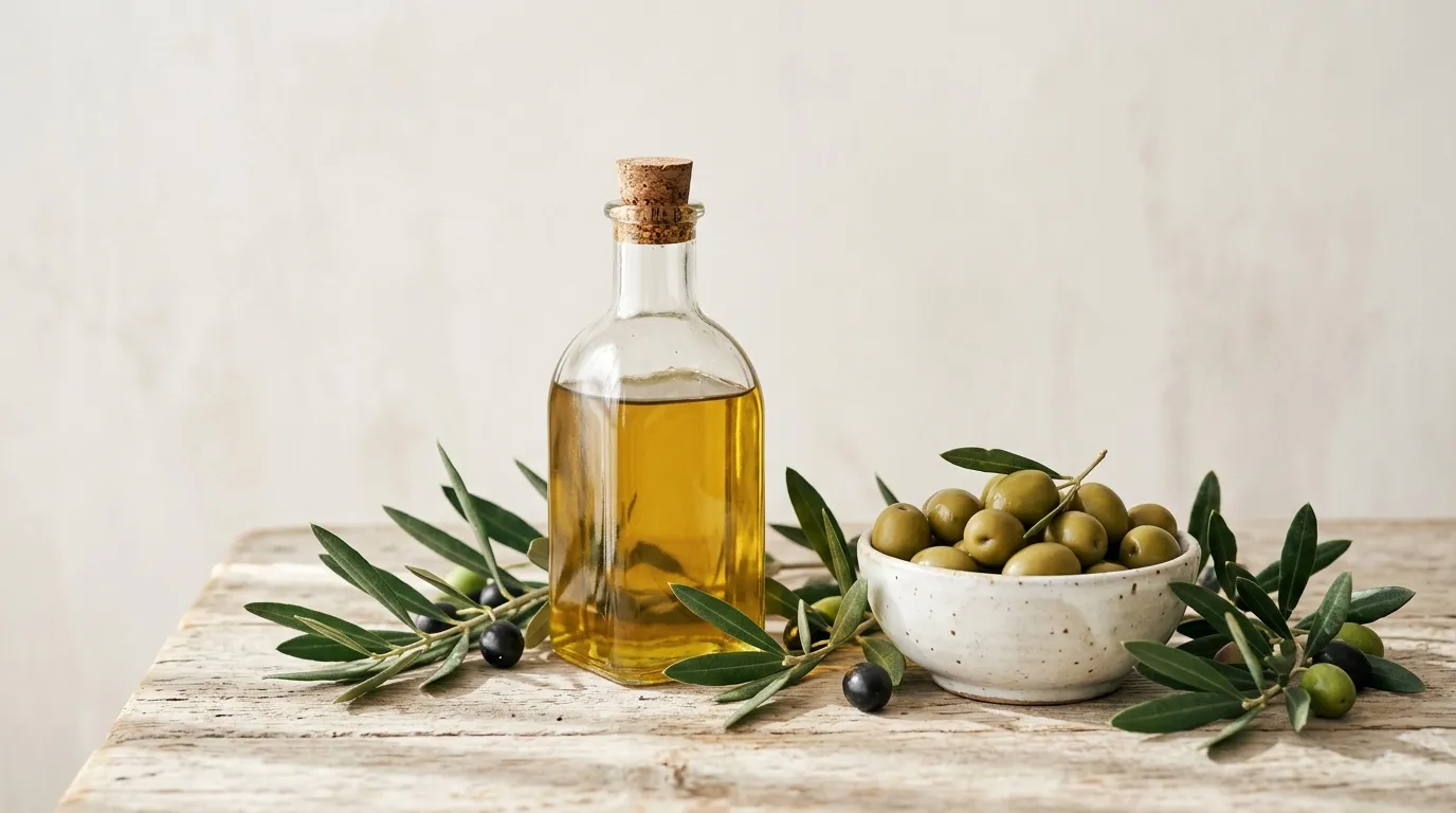 Bouteille huile d'olive, olives vertes et noires, feuillage