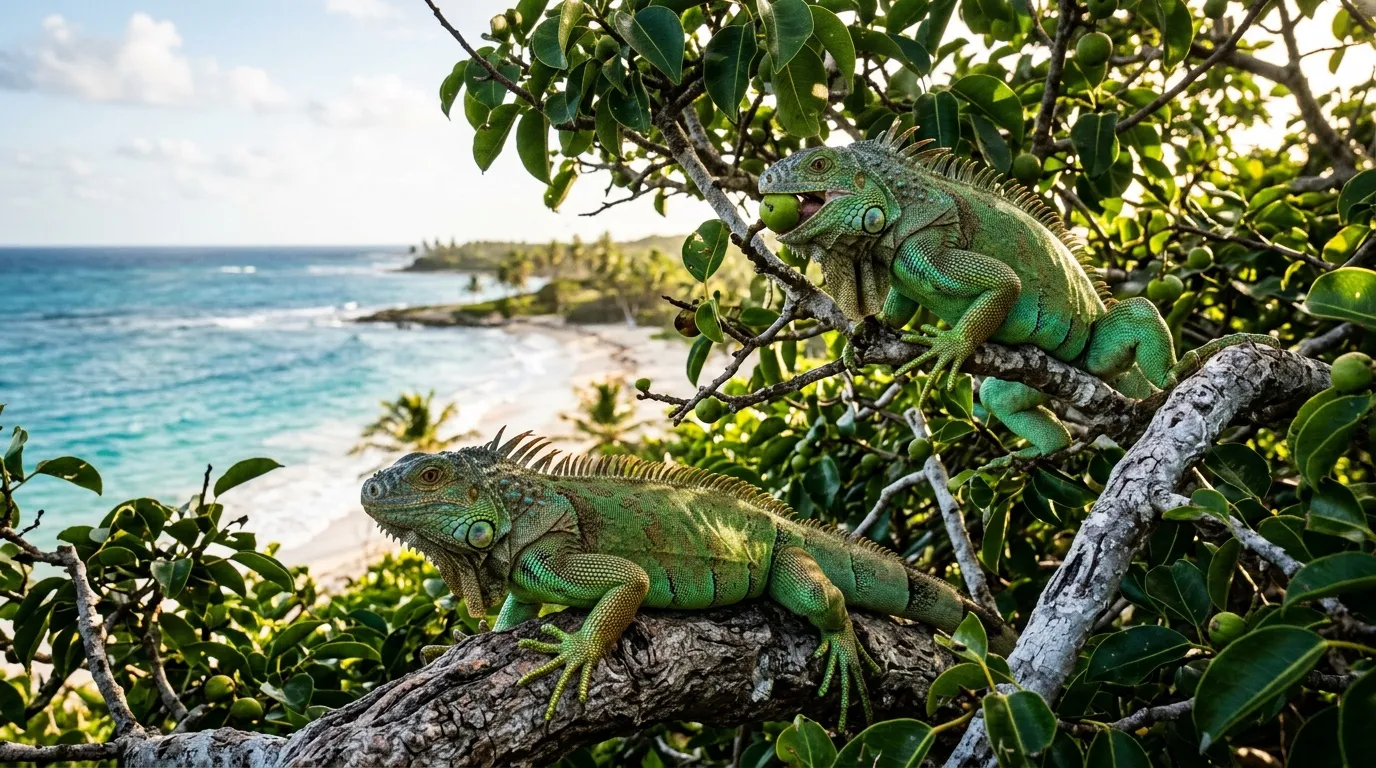 Deux iguanes verts sur branche face à la mer