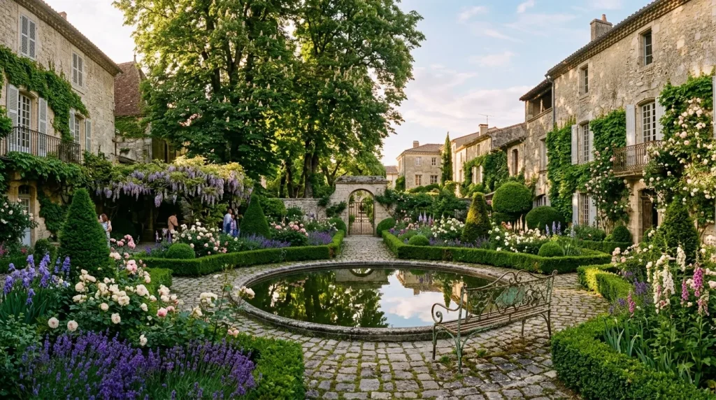 Cour pavée avec bassin, fleurs violettes et blanches, architecture ancienne