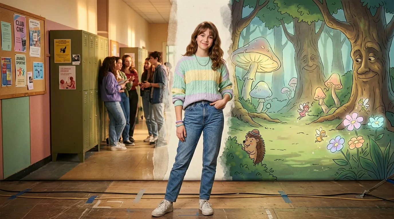 Adolescente souriante posant dans un couloir d'école avec mural