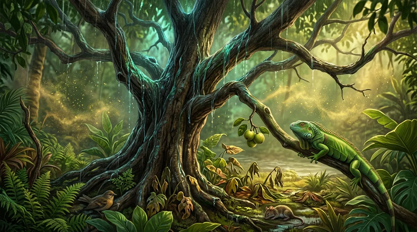 Iguane sur branche d'arbre géant en forêt tropicale